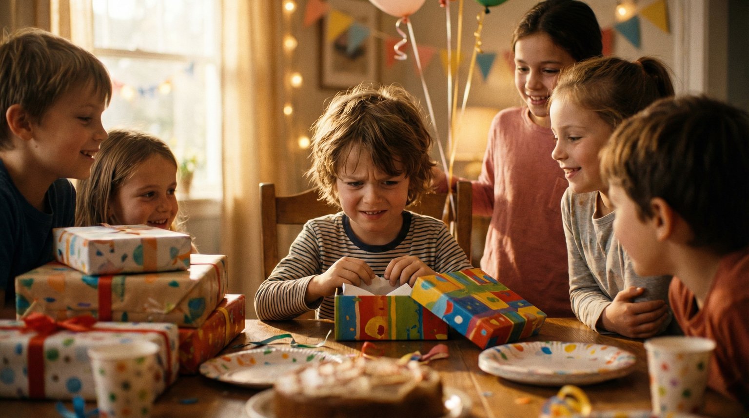 Child at birthday party opening gift with uncertain expression while other children watch