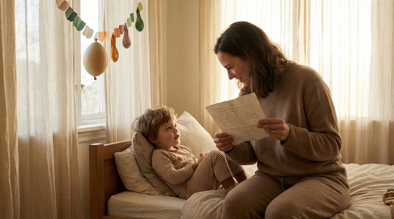 Parent sitting on edge of child's bed holding handwritten letter while child looks up with curious expression in morning light
