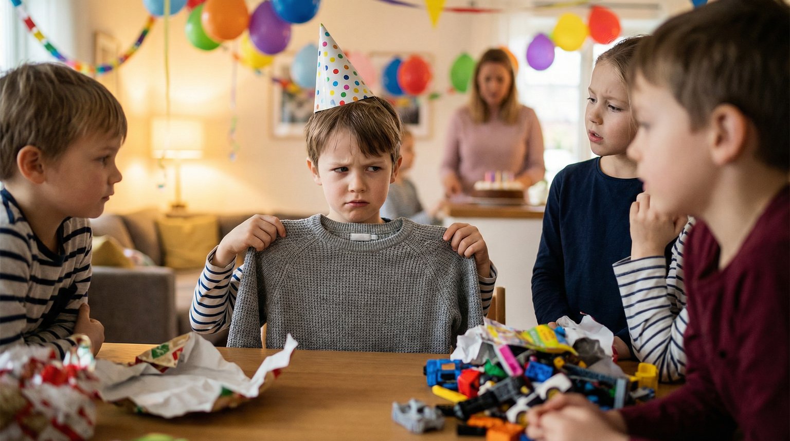 Child at birthday party showing visible disappointment while opening gift as other children watch