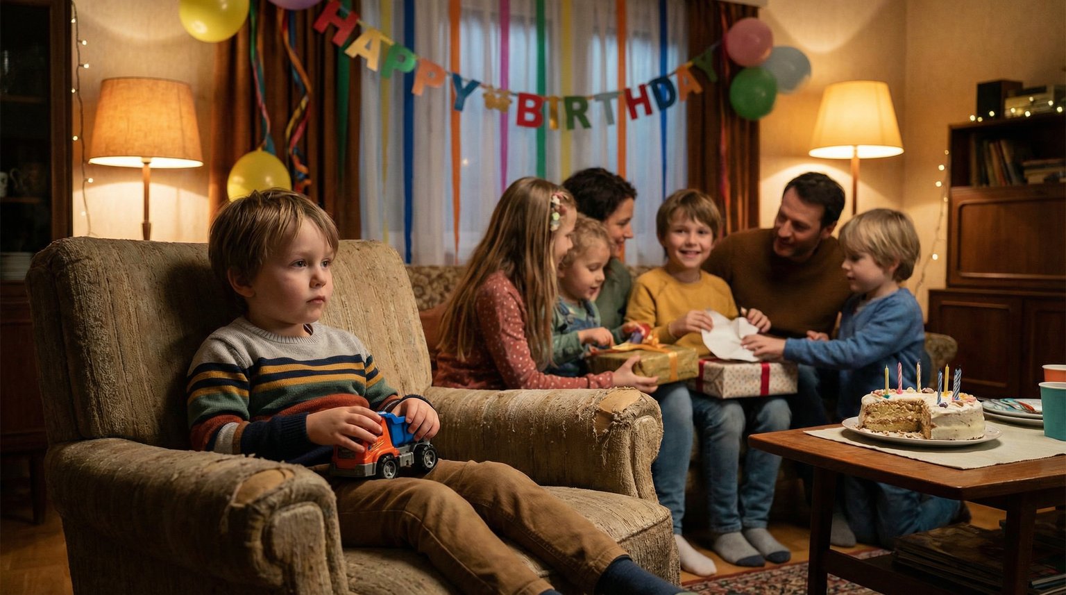 Young child sitting apart watching sibling surrounded by birthday presents and friends