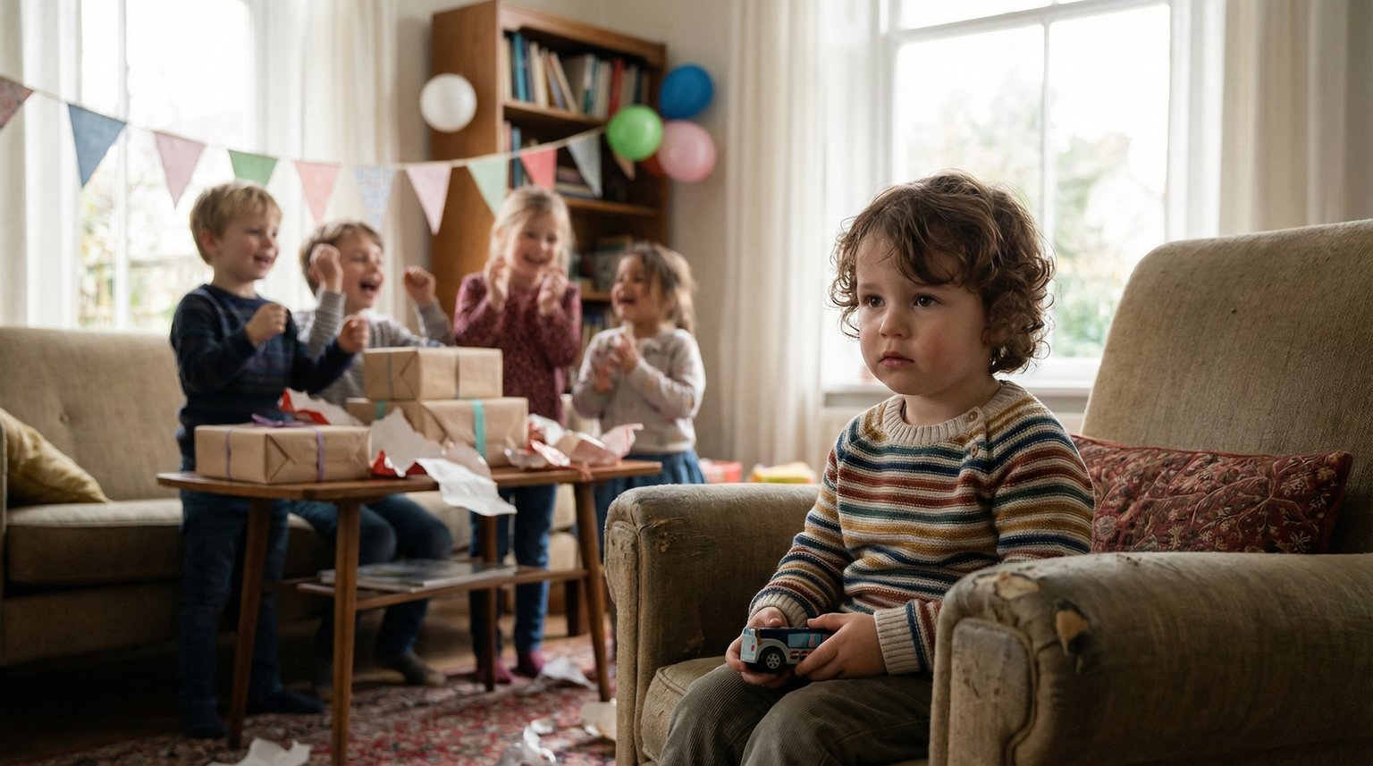 Child watching from edge of group as friend opens birthday presents surrounded by excited kids