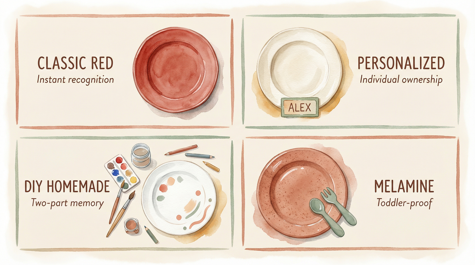 Comparison chart showing four birthday plate options: classic red, personalized, DIY homemade, and melamine