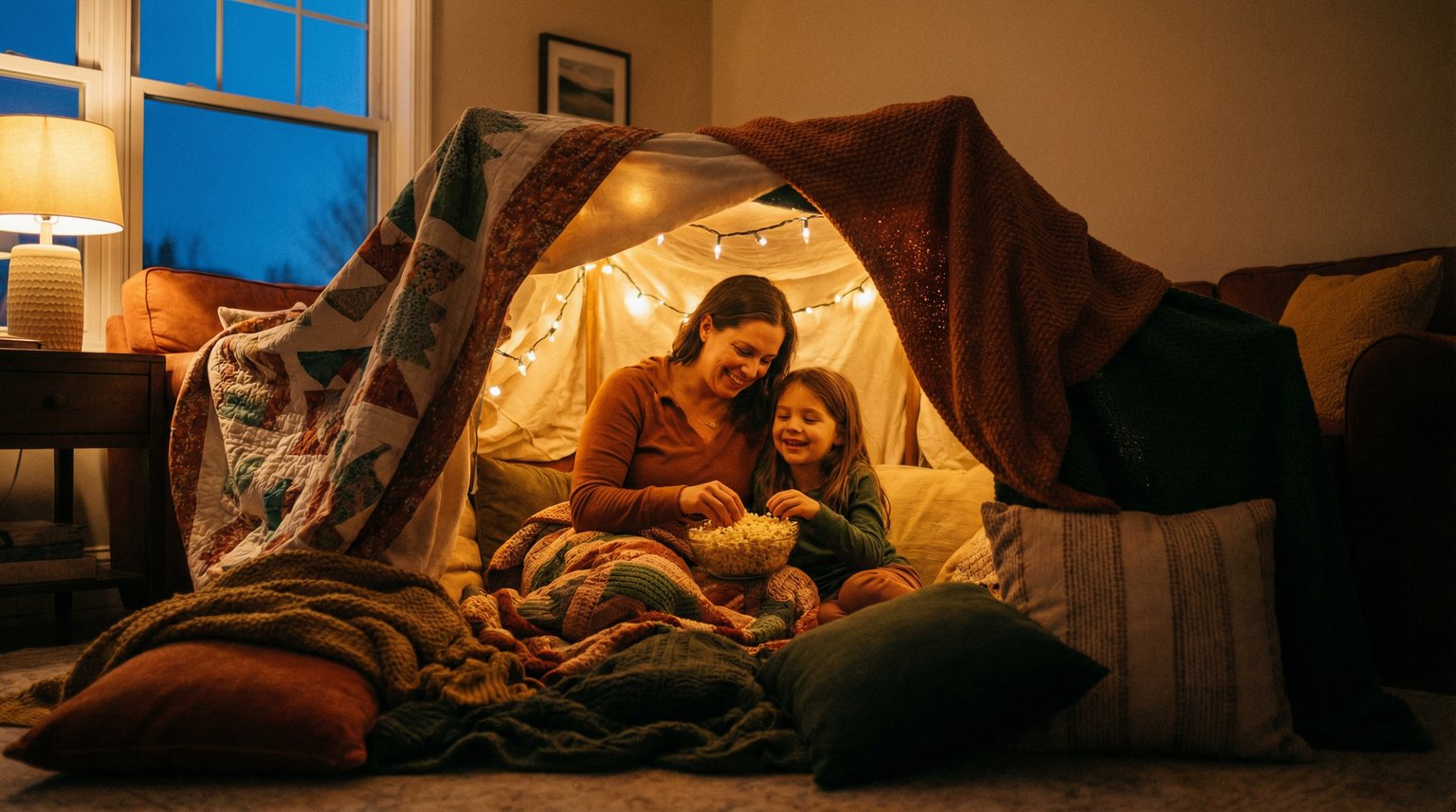 Parent and child sharing popcorn inside cozy blanket fort with fairy lights at dusk