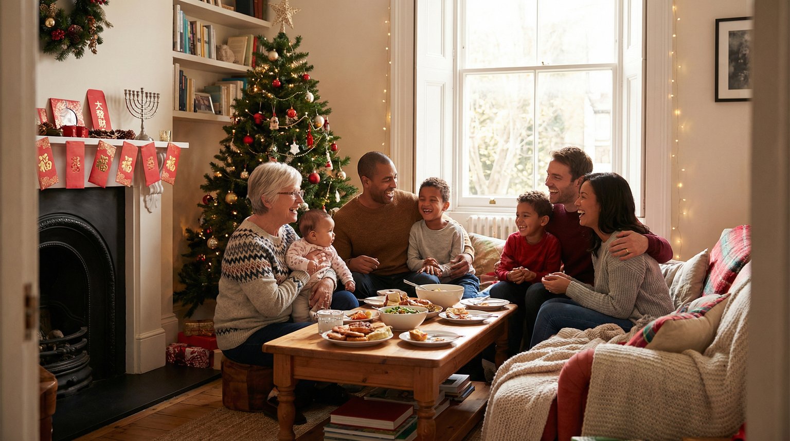 Joyful multigenerational blended family gathered together during holidays with diverse cultural elements visible