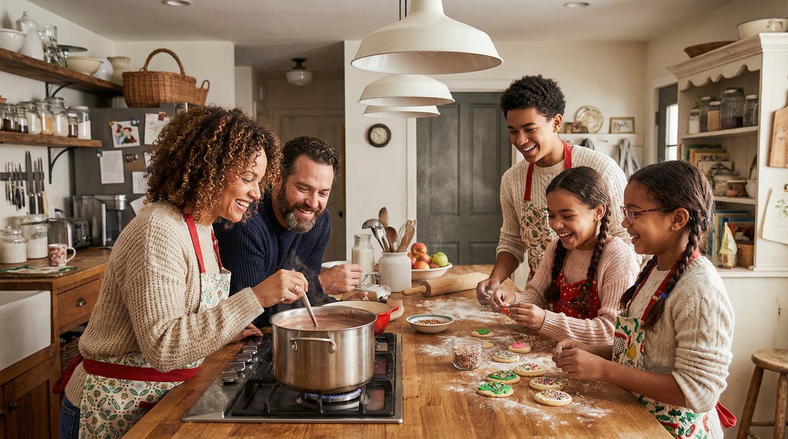 Blended family making hot chocolate and decorating cookies together in cozy kitchen
