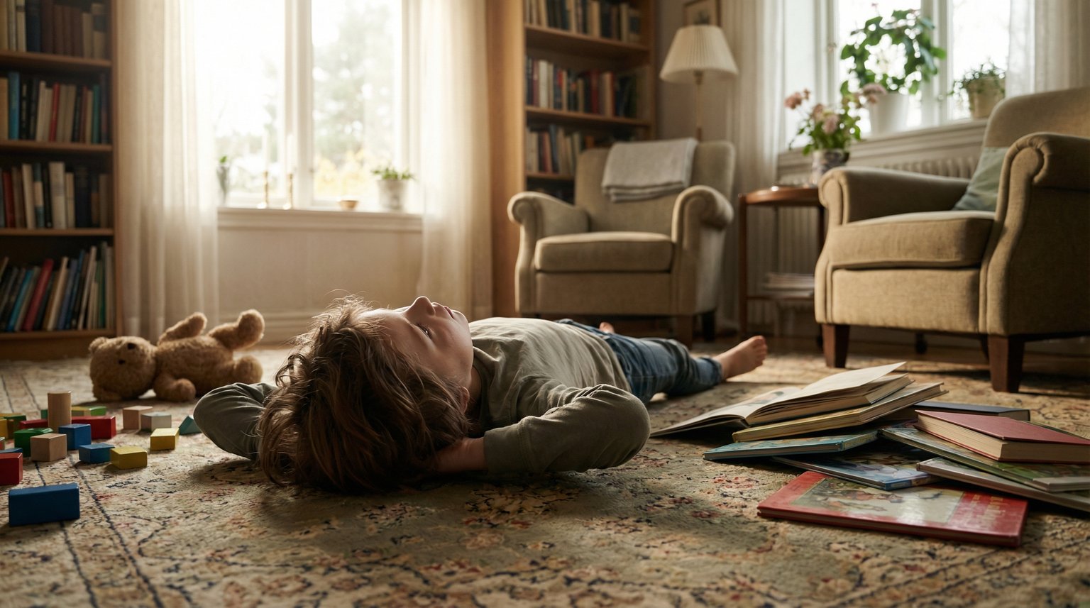 Child lying on carpet looking thoughtfully at ceiling surrounded by untouched toys in warm living room