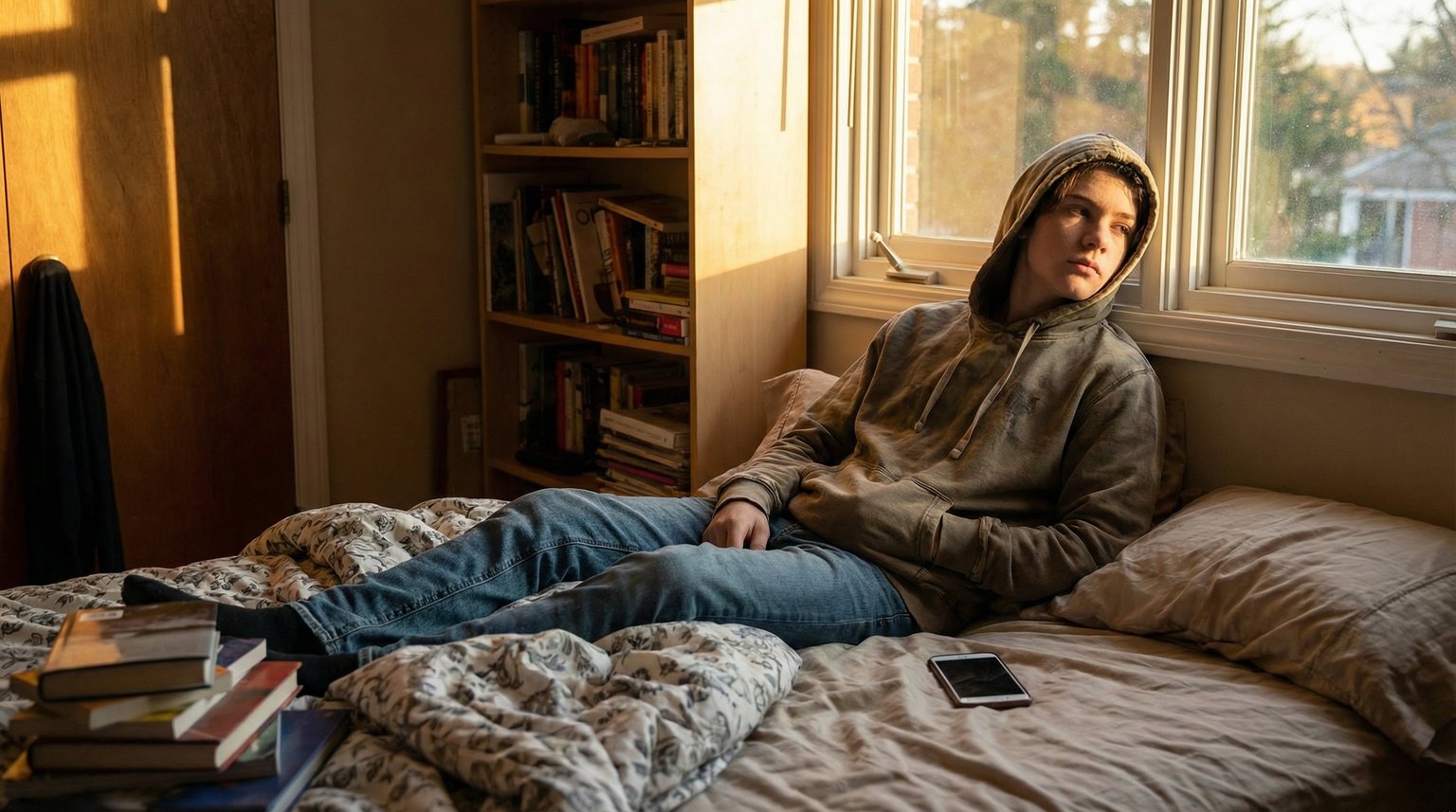 Teenager sitting on bed looking bored with phone face-down beside them gazing out window