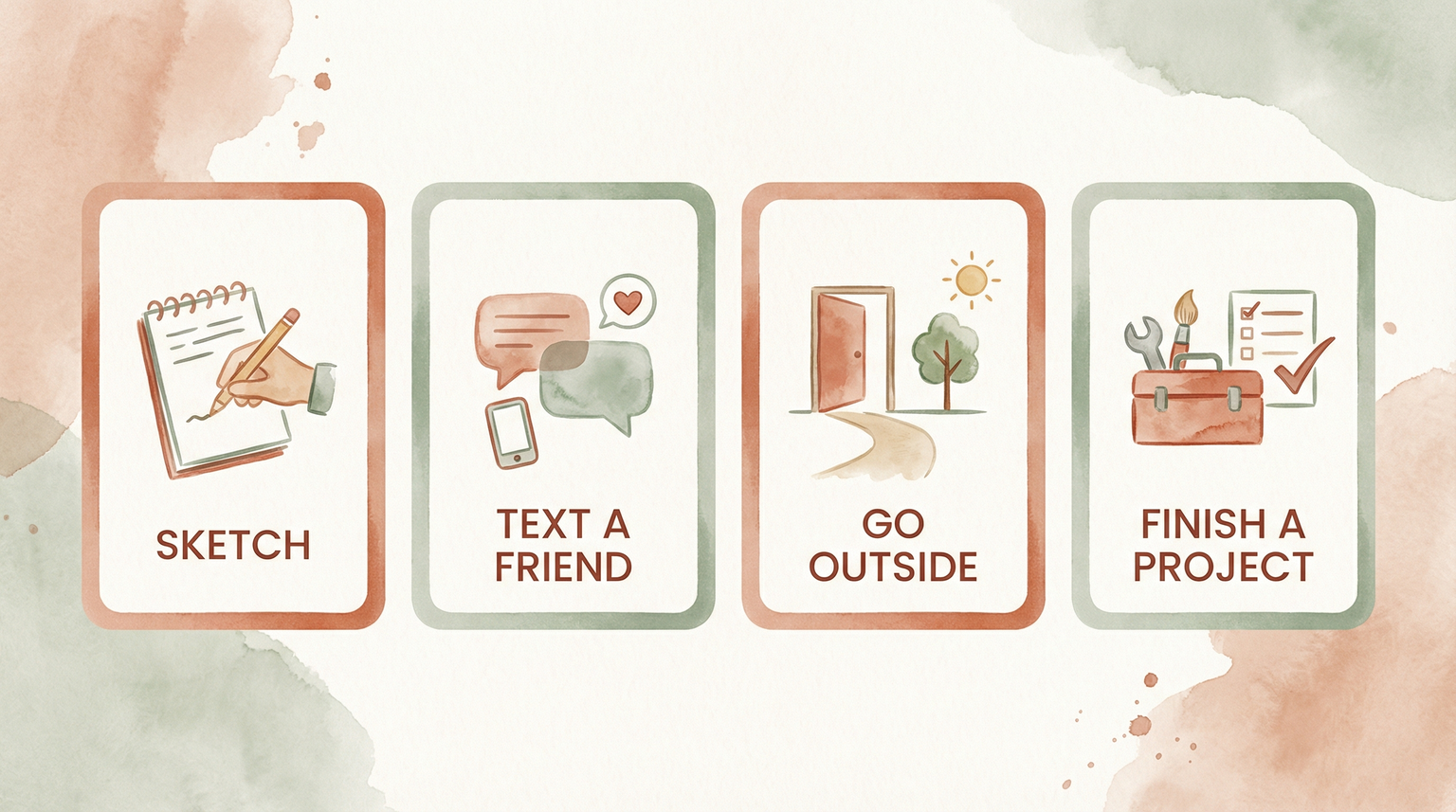Four boredom alternative activities shown as icons including sketch text go outside and finish project