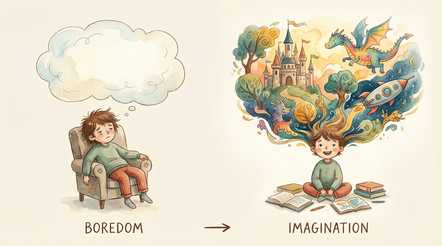 Illustration showing transformation from bored child with empty thought bubble to engaged child with elaborate imaginative scene