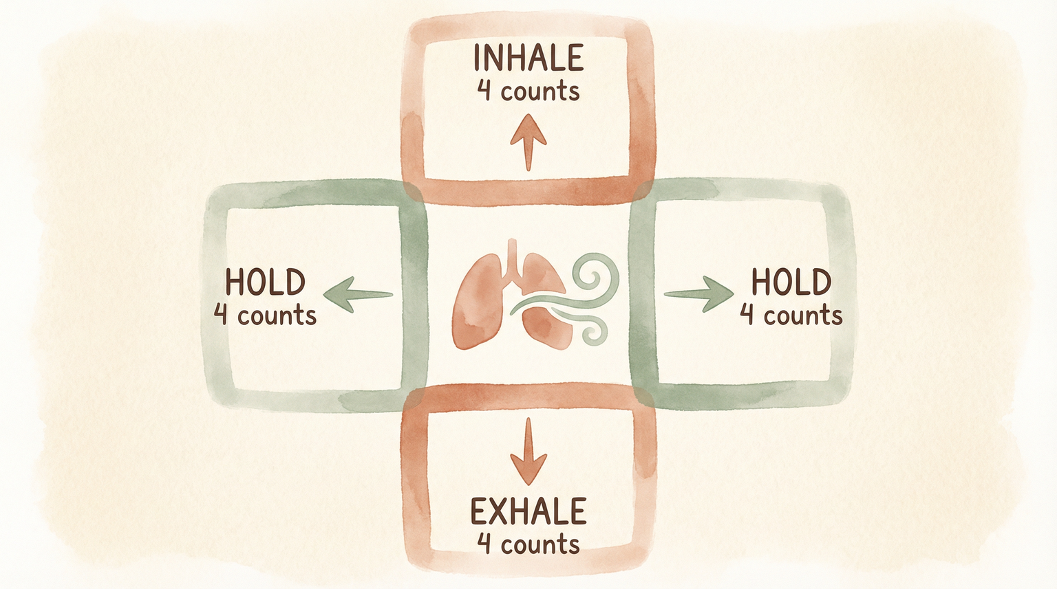 Box breathing technique illustrated as four connected squares showing inhale hold exhale hold each for 4 counts