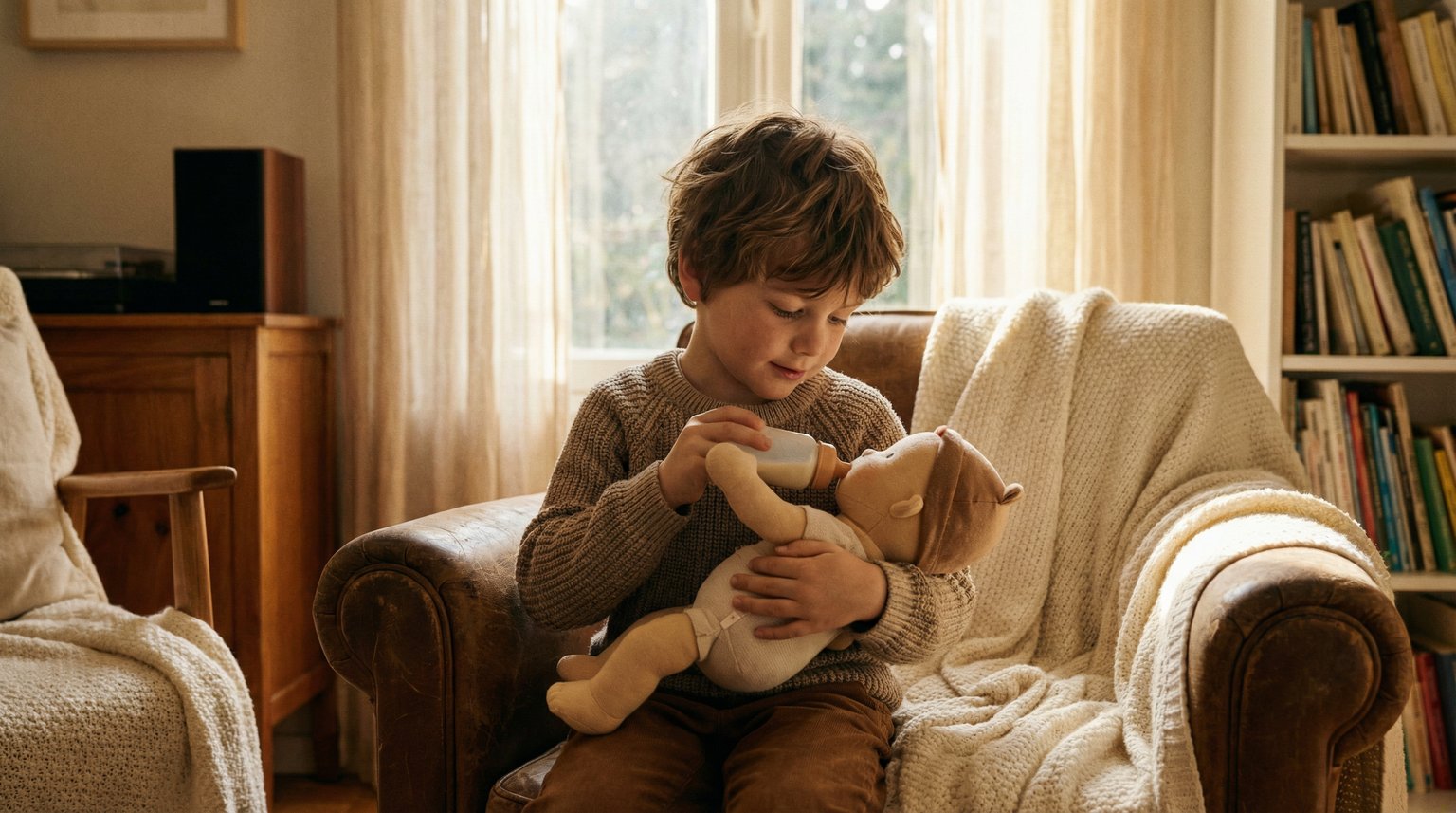 6-year-old boy tenderly cradling baby doll in sunlit living room during pretend feeding
