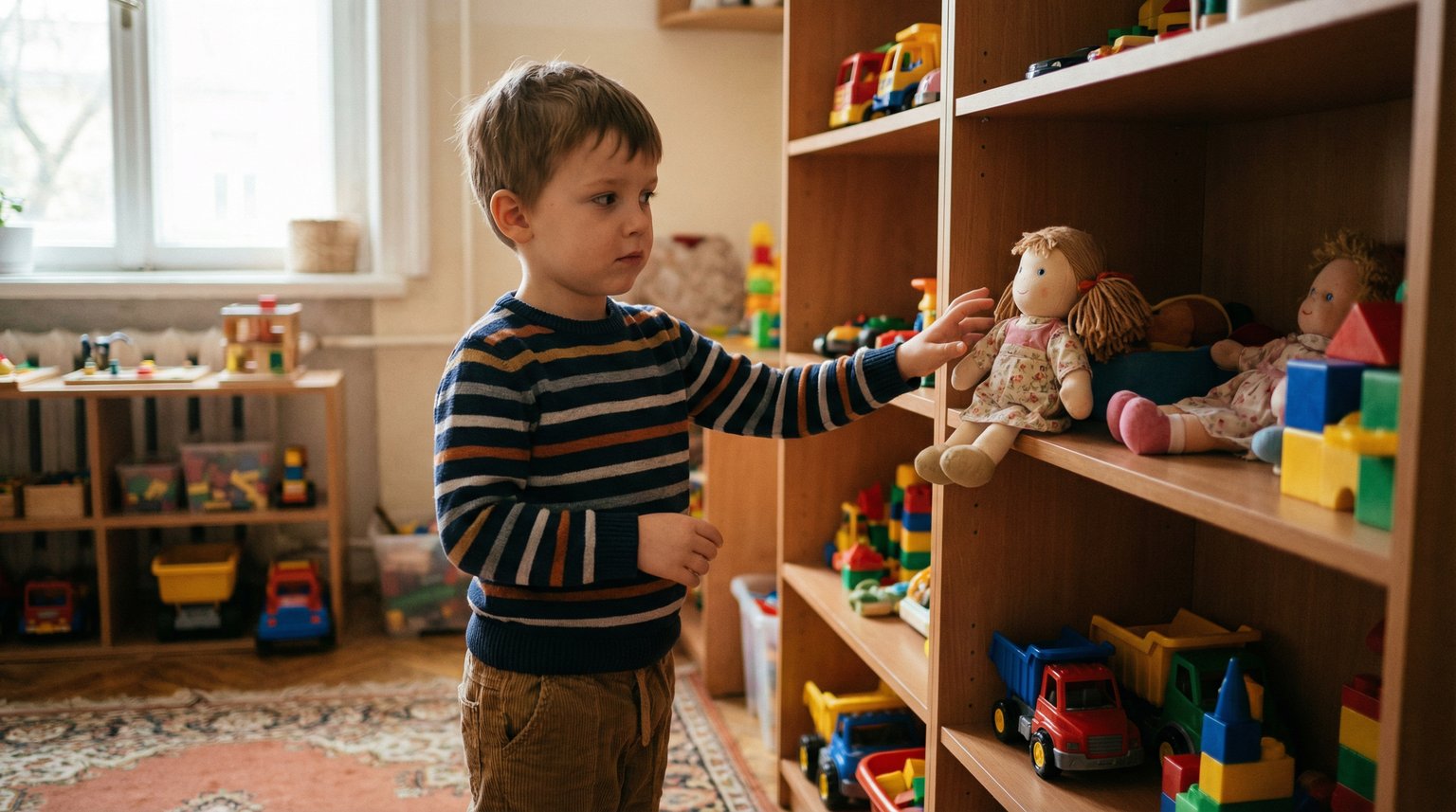 Young boy hesitantly reaching toward doll on toy shelf in home playroom
