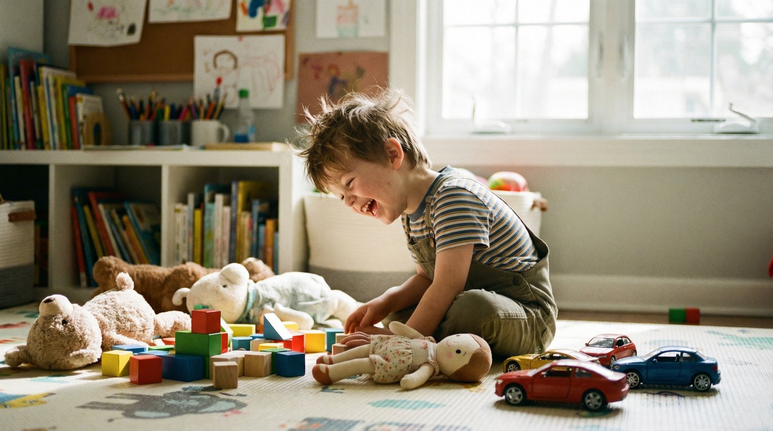 Joyful 4-year-old boy laughing while playing with mixed toys including doll and cars