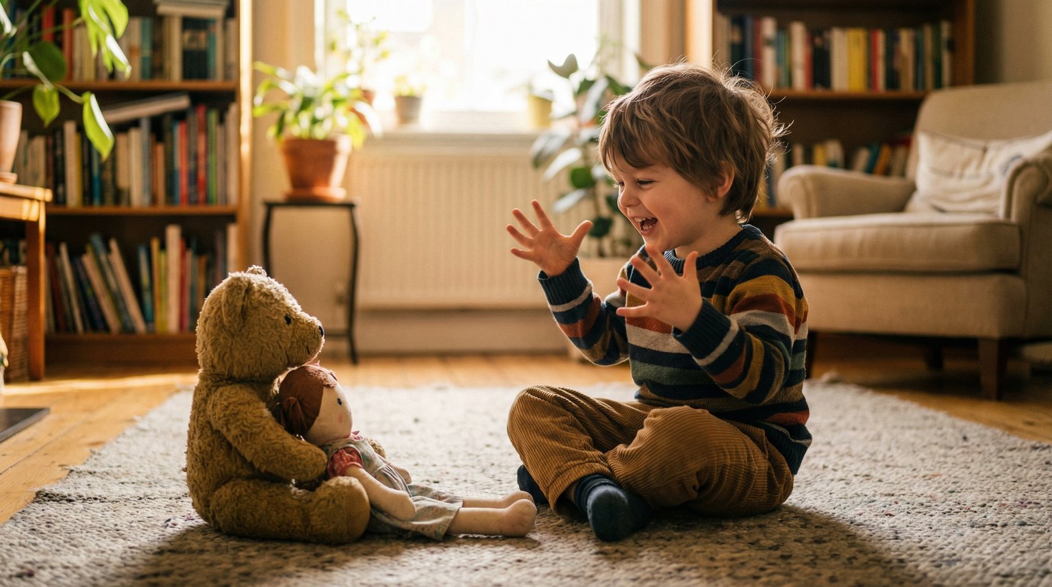 Preschool boy having animated conversation with stuffed animal and doll on living room rug