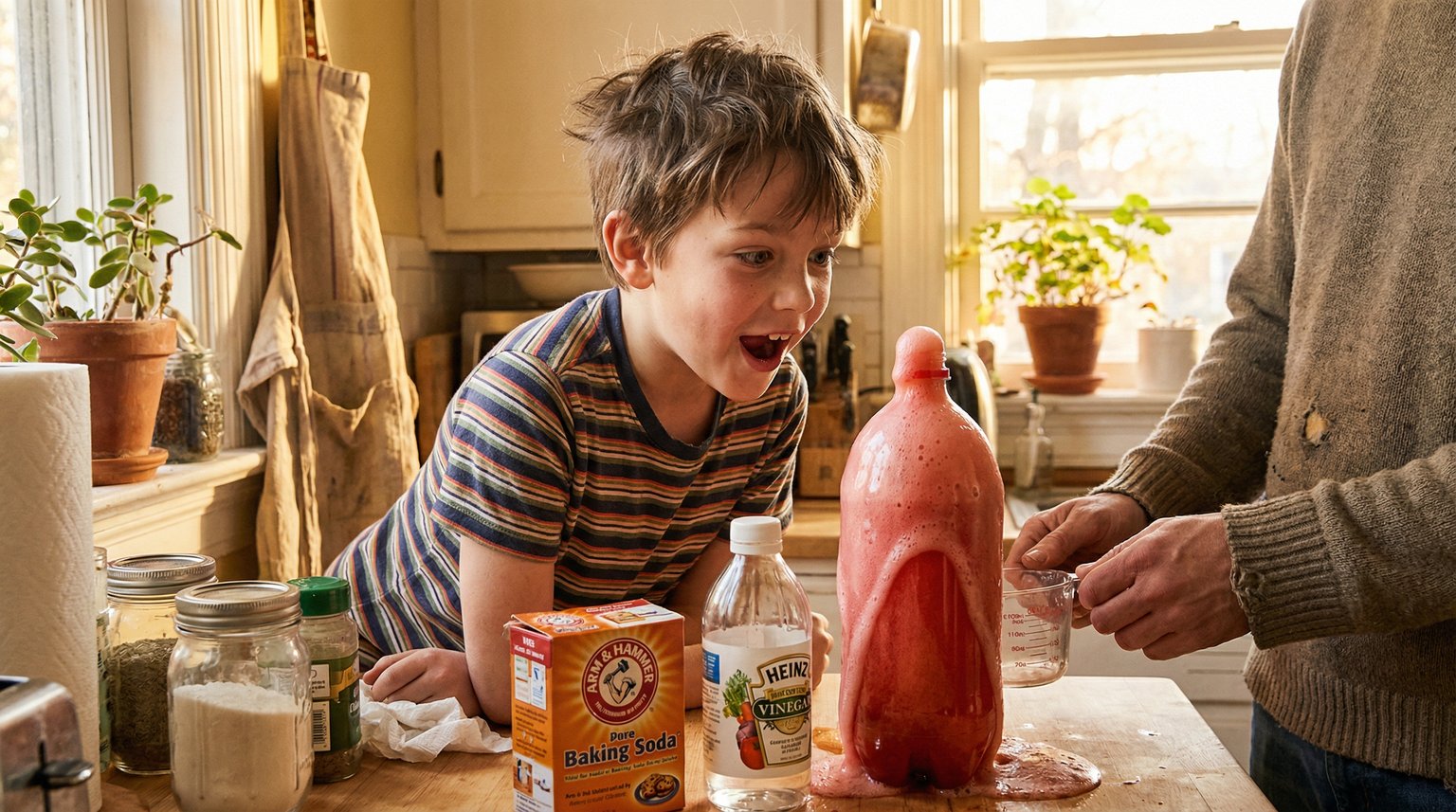 Young boy with wide-eyed excitement watching homemade volcano experiment erupt with fizzing foam