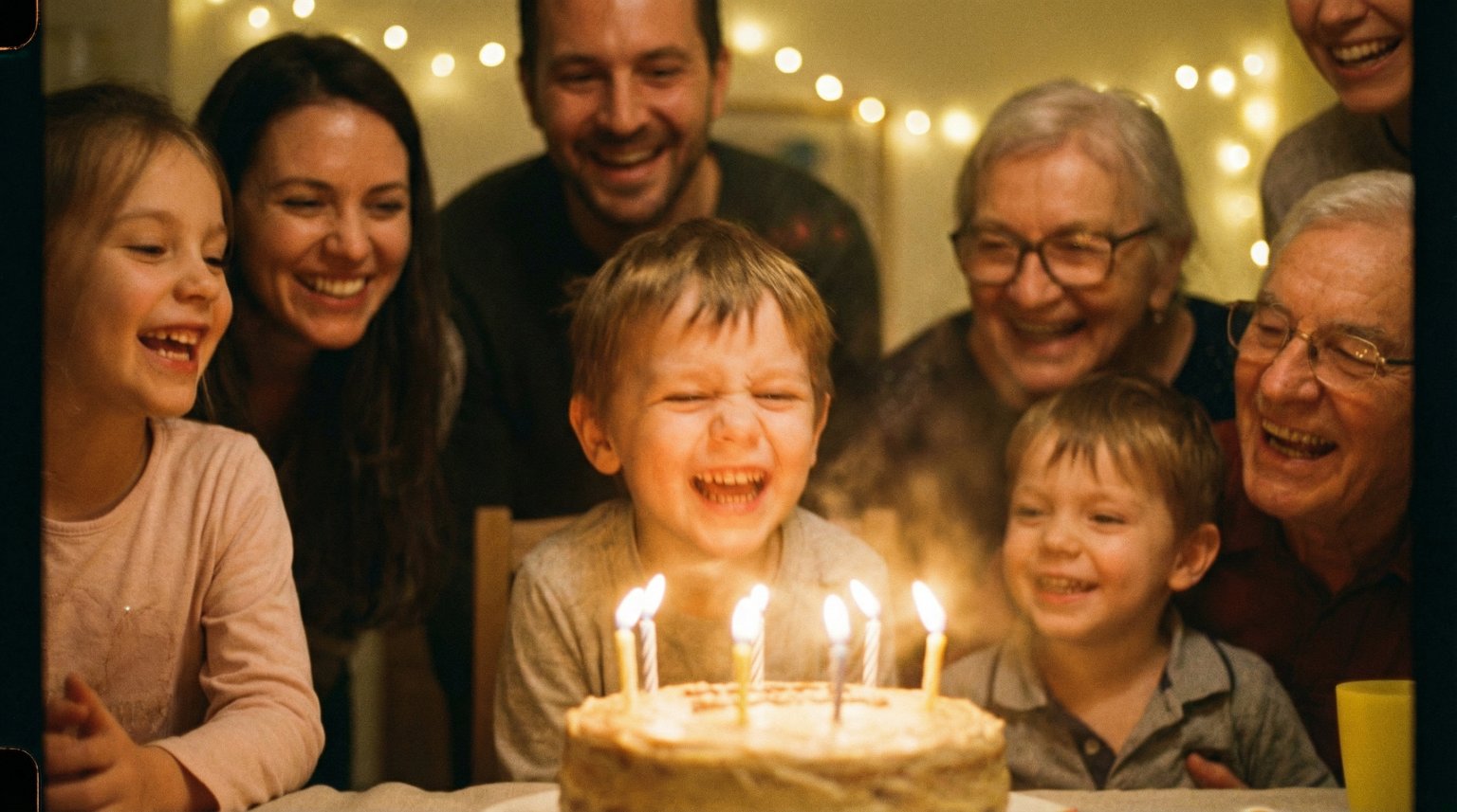 Child laughing joyfully while blowing out birthday candles surrounded by happy family members