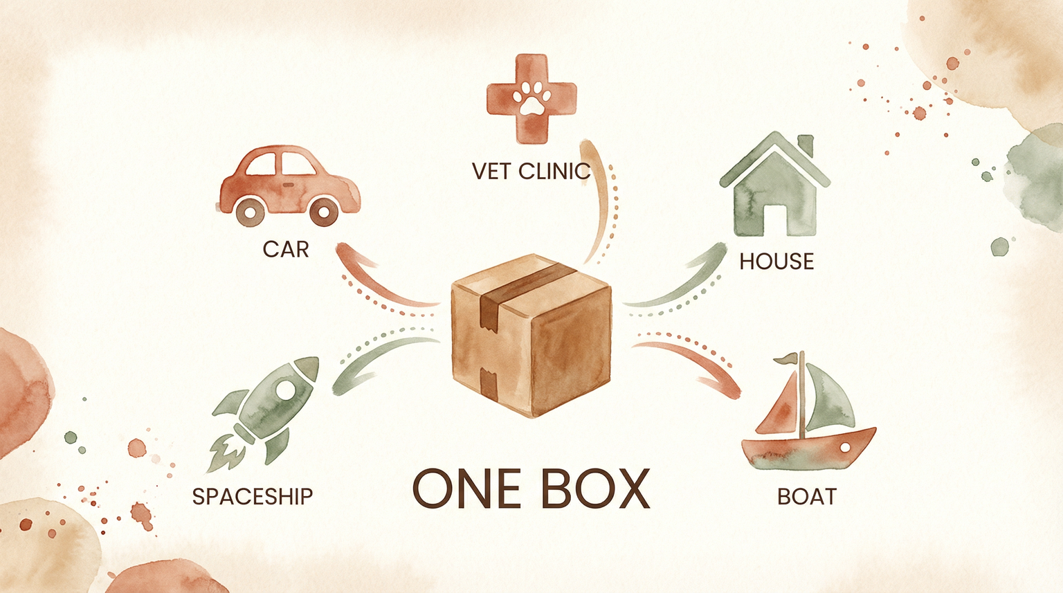 Illustration showing one cardboard box transforming into car house boat spaceship and vet clinic