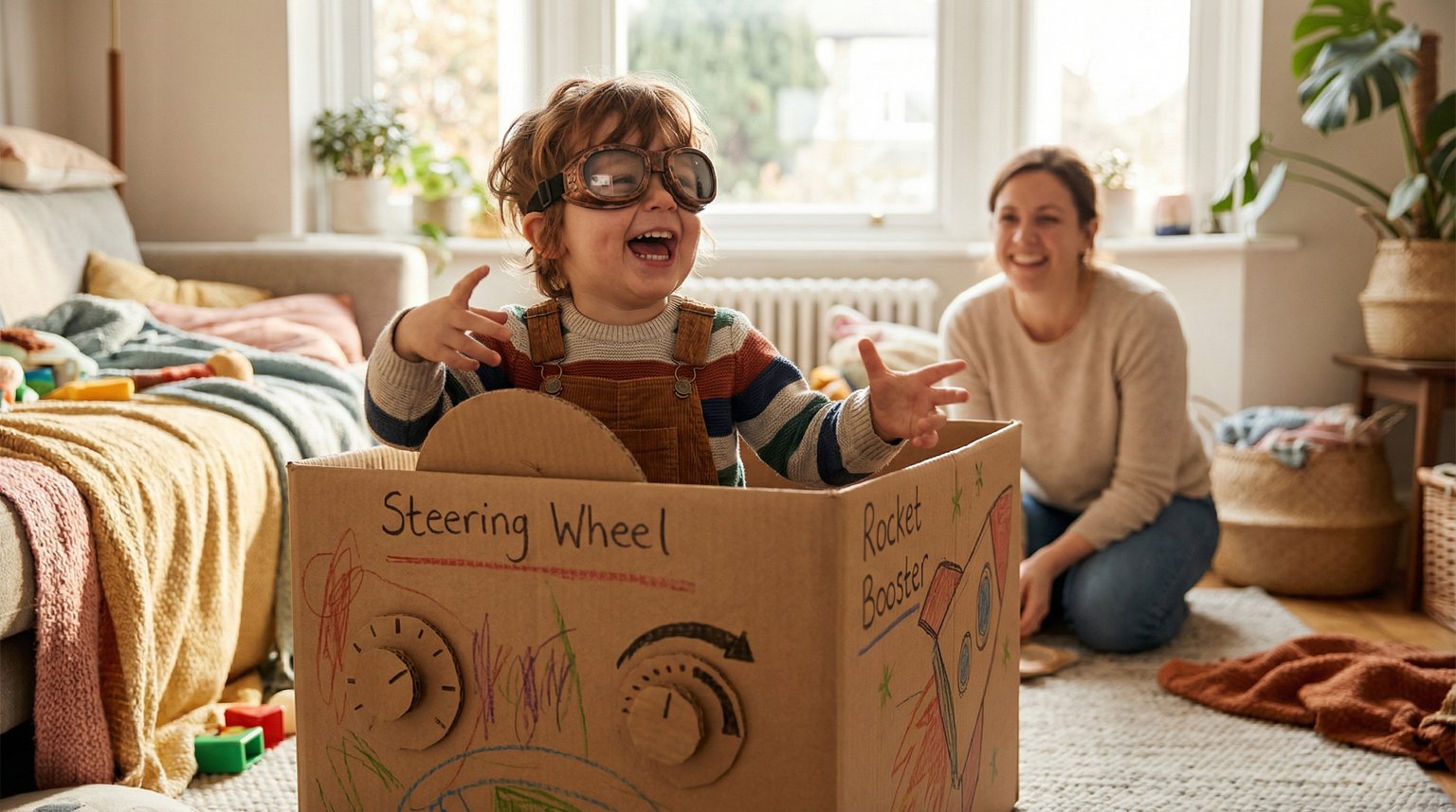 Laughing toddler sitting inside large cardboard box pretending to drive while parent smiles in background