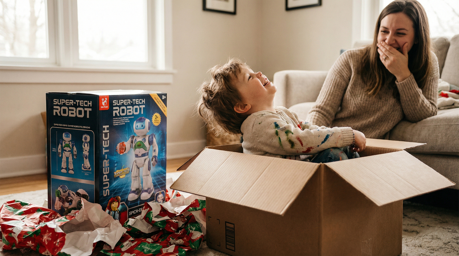 Young child sitting inside cardboard box with pure joy while expensive toy sits ignored nearby