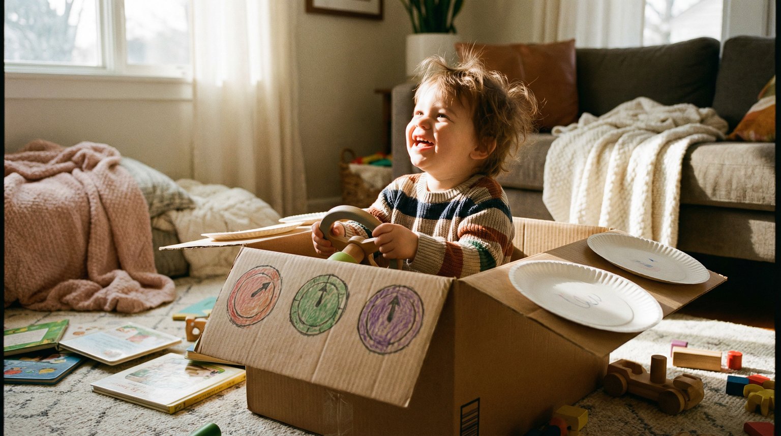 Toddler laughing while playing inside cardboard box pretending it's a vehicle