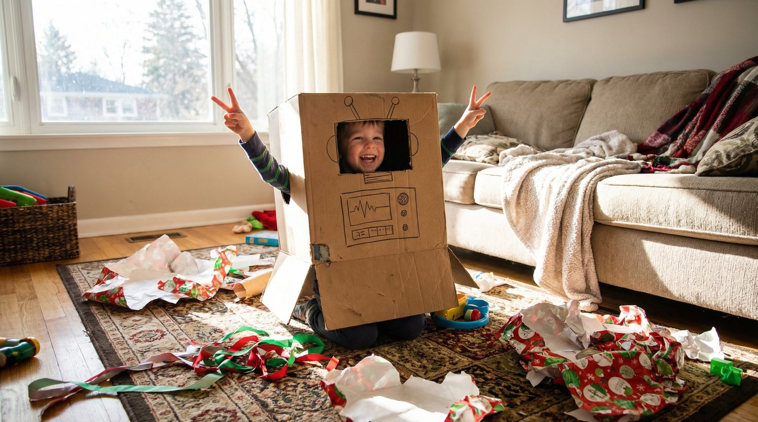 Preschooler wearing cardboard box on head like robot helmet with arms raised in triumph