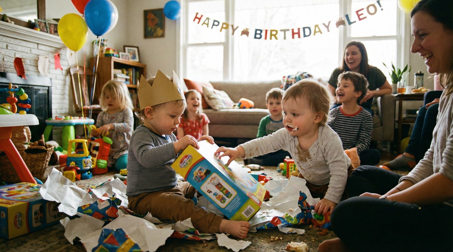Toddlers at birthday party with one child reaching toward presents being opened
