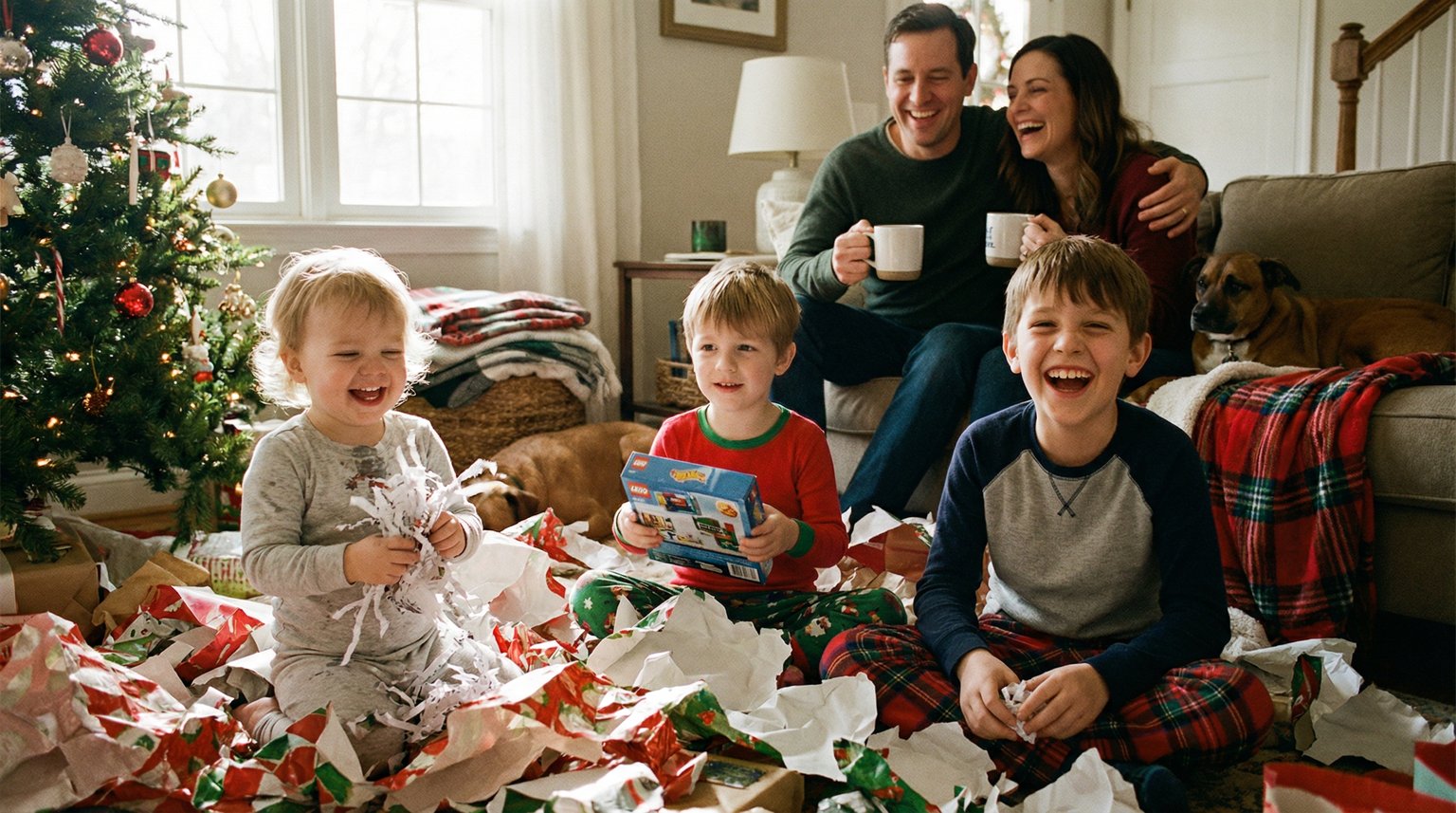 Multiple children sitting among wrapping paper and gifts on Christmas morning with mixed expressions of excitement