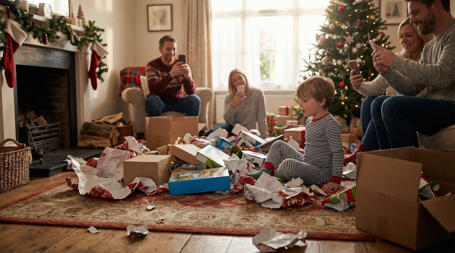 Chaotic Christmas morning with torn wrapping paper scattered around overwhelmed young child among multiple opened gifts