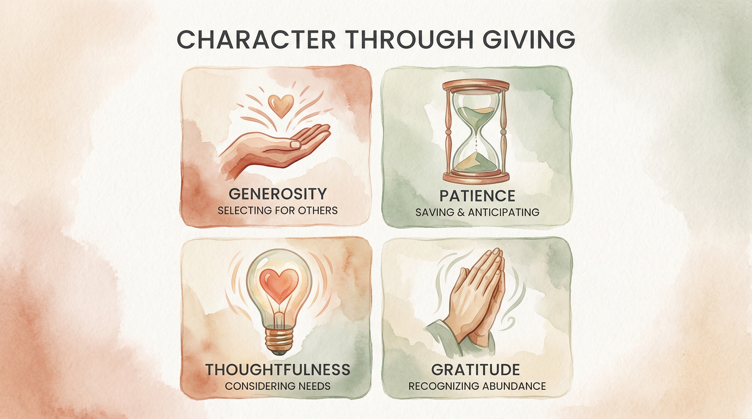 Four character traits developed through gift-giving generosity patience thoughtfulness gratitude