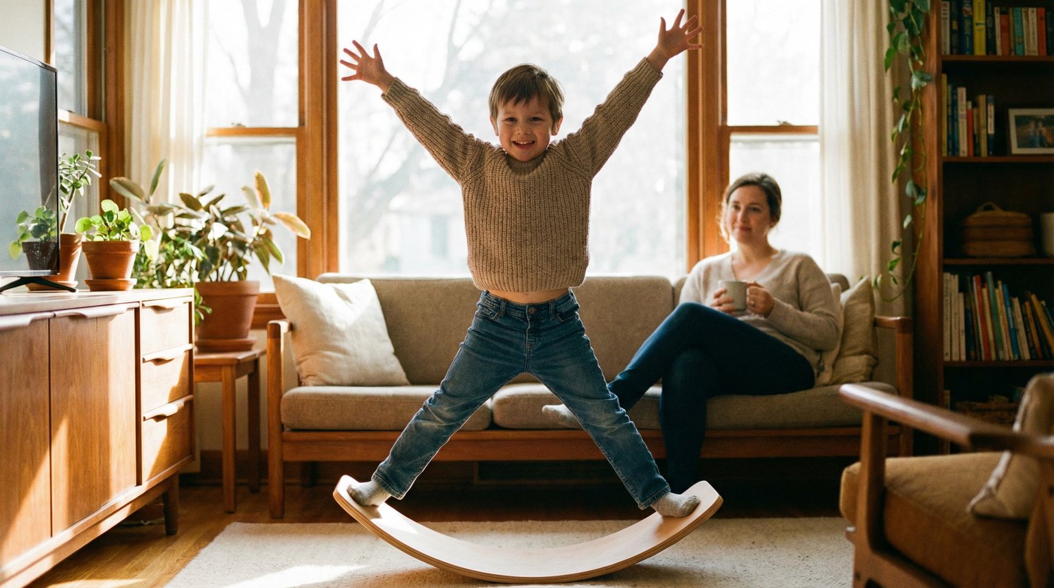 Young child balancing on wooden balance board in bright living room with arms outstretched and joyful expression