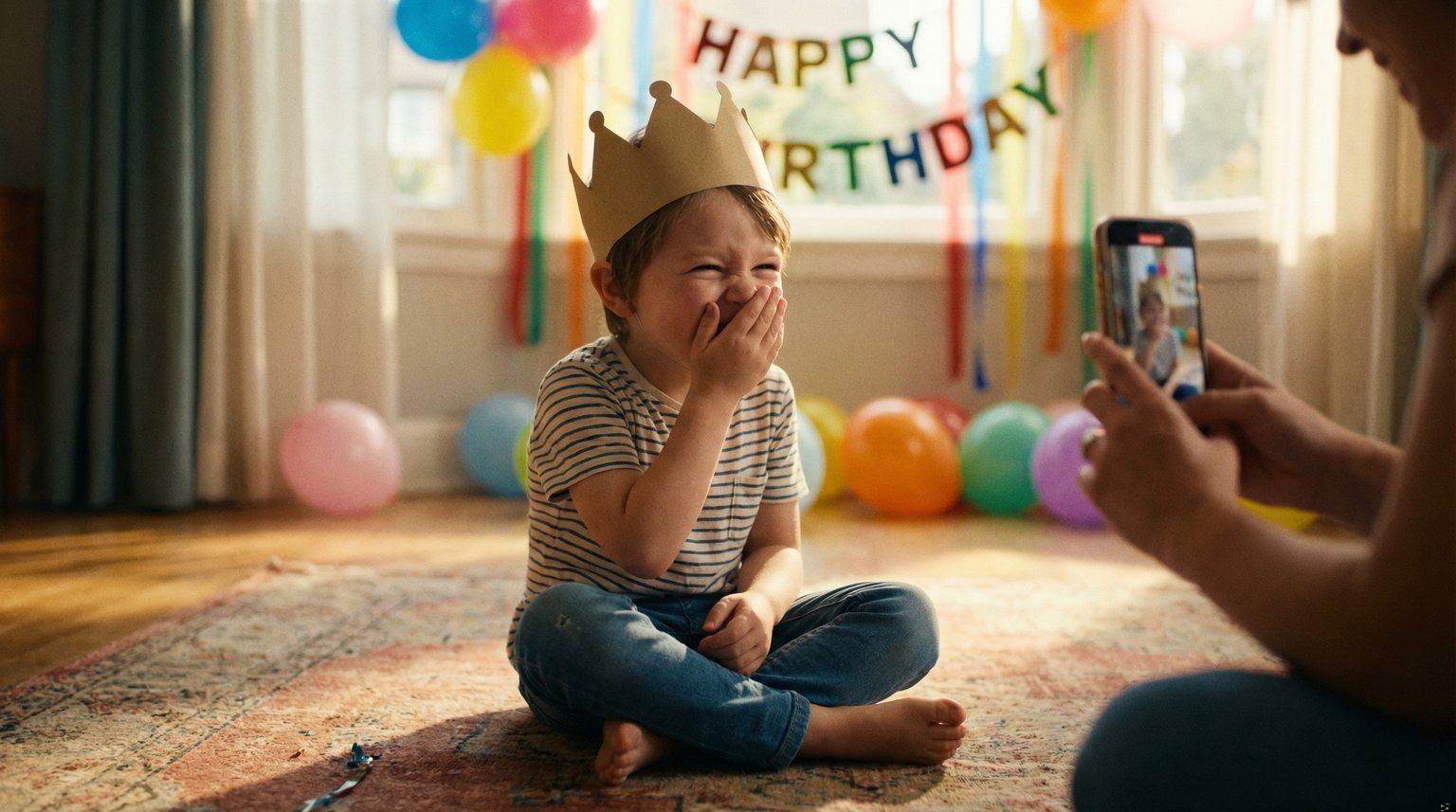 Child wearing birthday crown making silly face while parent records on phone