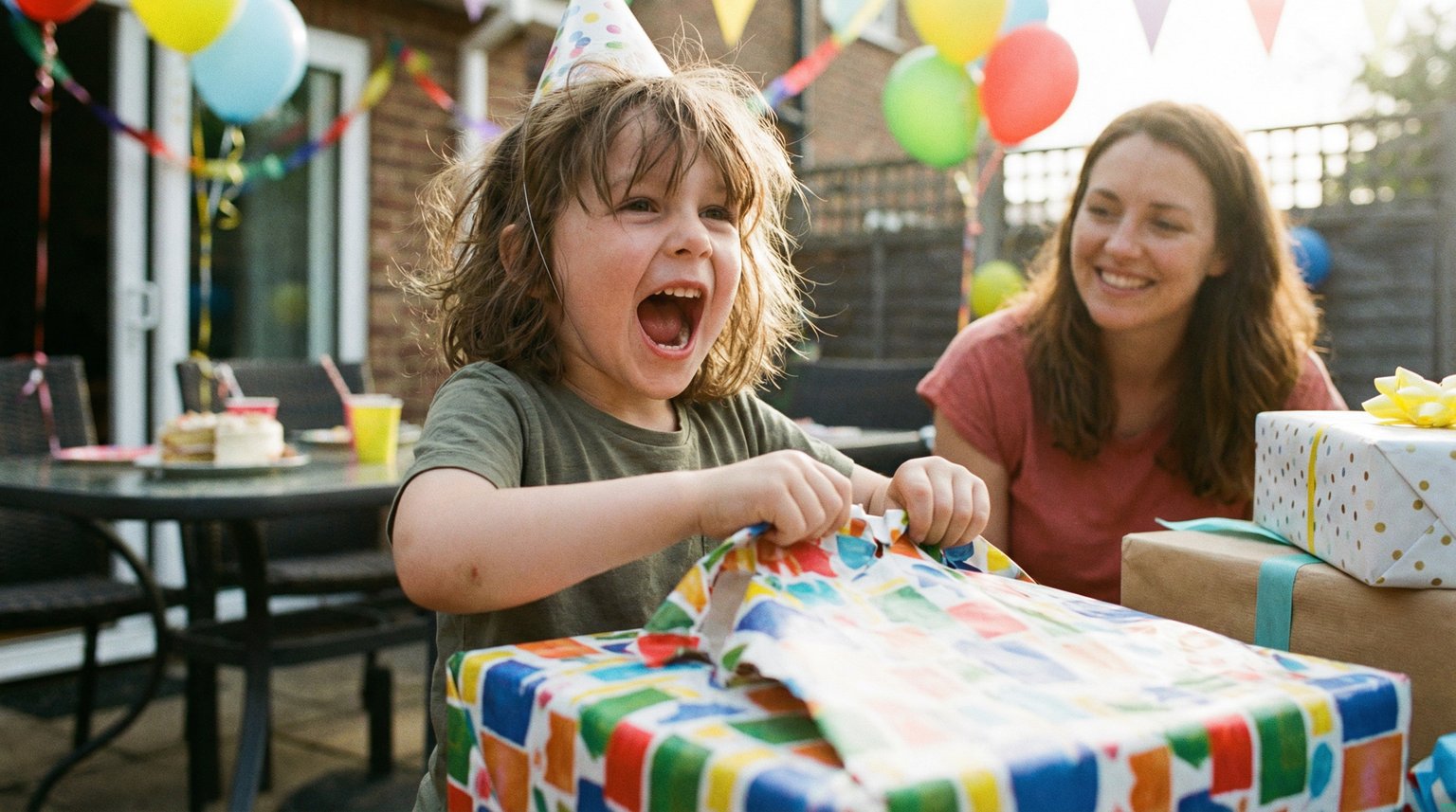 Five year old child at birthday party opening wrapped gift with genuine excitement while parent watches warmly