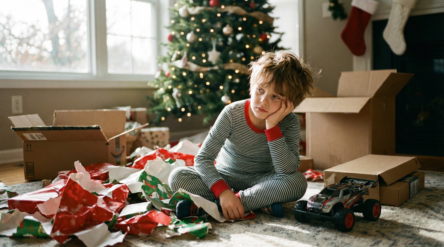 Six-year-old sitting on living room floor surrounded by torn wrapping paper looking restless and bored