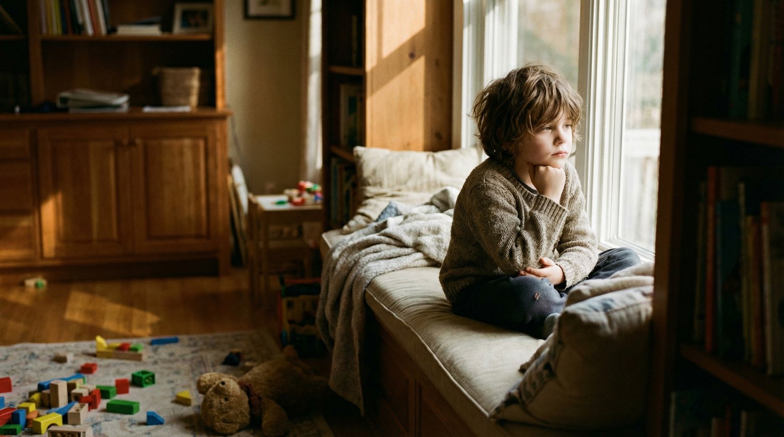 Young child sitting contemplatively on window seat gazing outside with soft afternoon light
