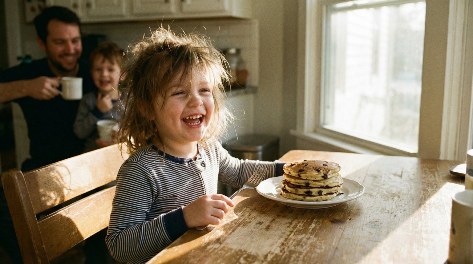 Young child in pajamas enjoying chocolate chip pancakes at rustic kitchen table with warm morning light
