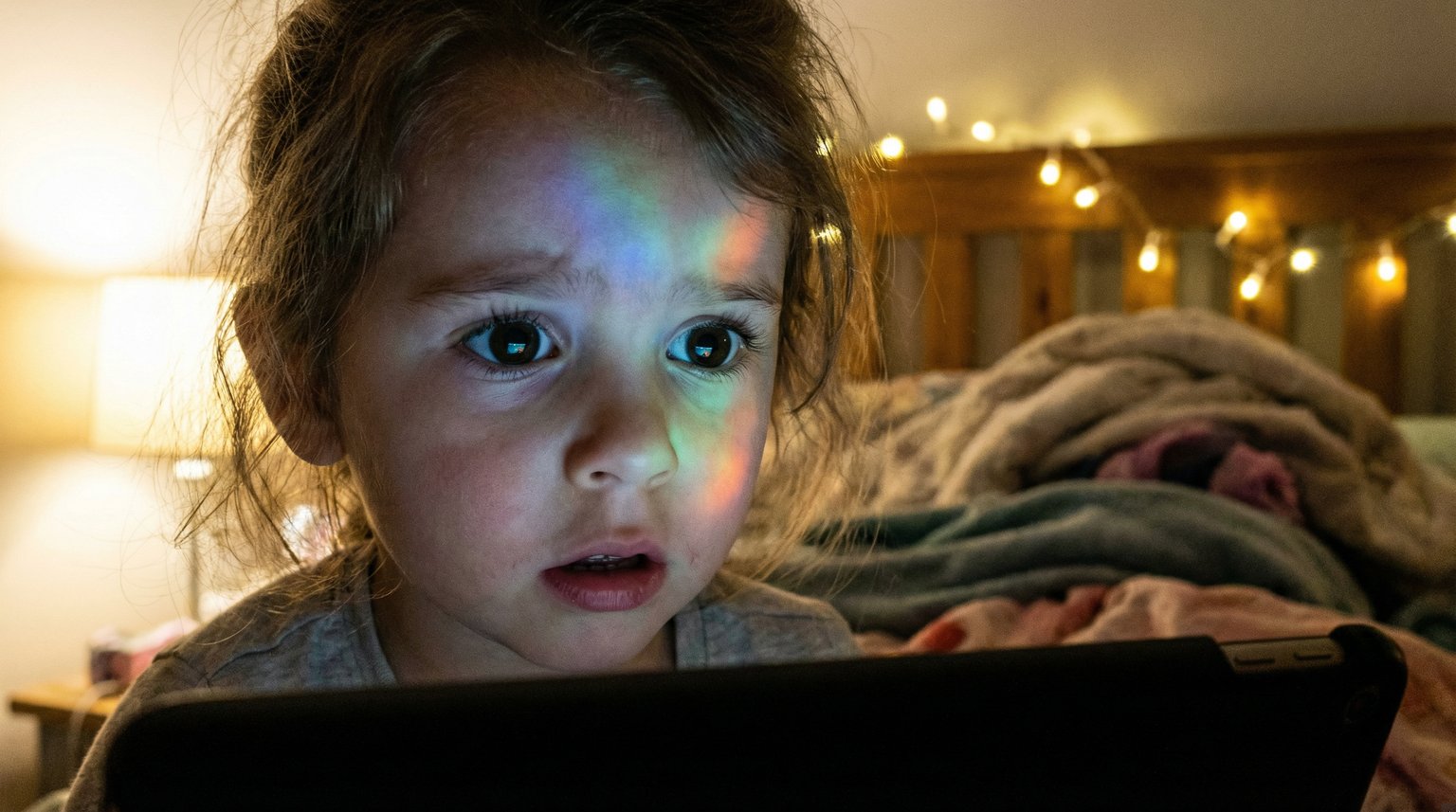 Close-up of young child's face with wide eyes reflecting colorful screen content showing captivated attention