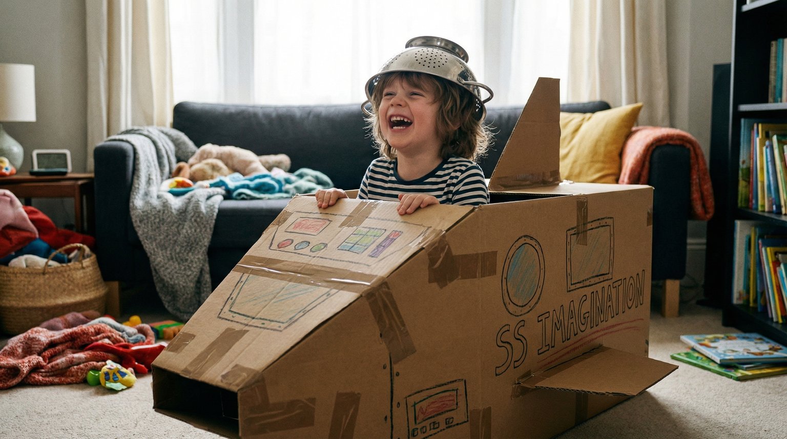Delighted child peeking out from cardboard box fort with pure joy
