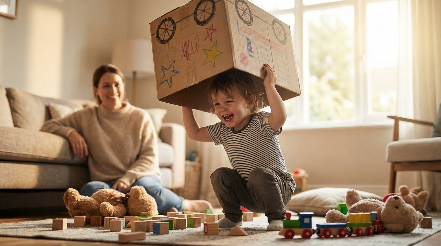 Young child sitting inside large cardboard box laughing joyfully while expensive toys sit ignored nearby