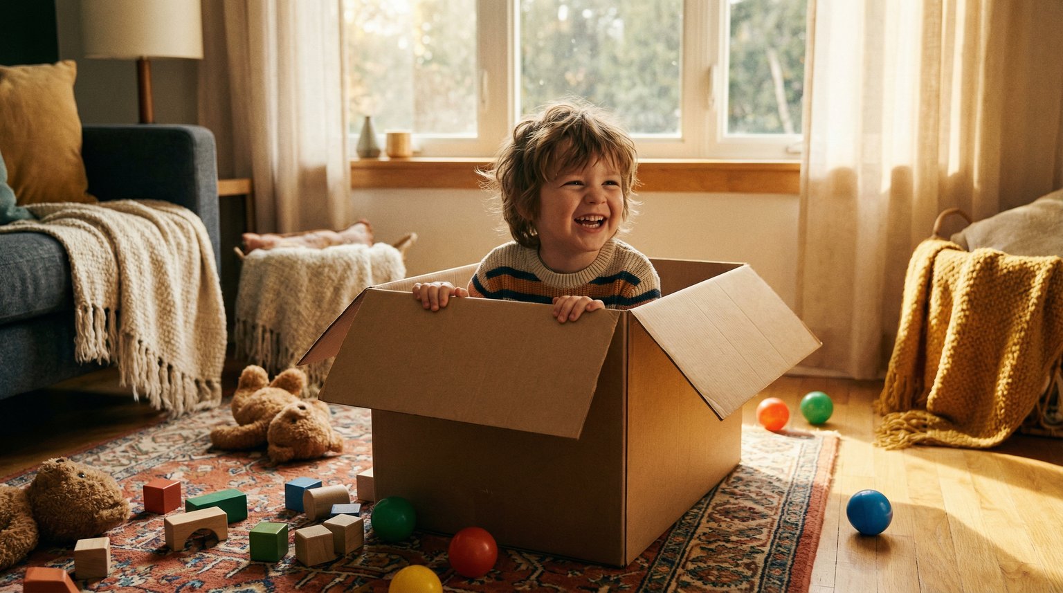 Young child giggling while playing creatively with cardboard boxes on living room floor