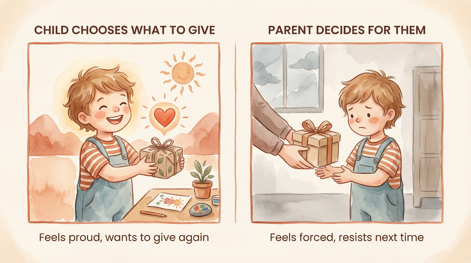 Comparison showing happy child who chooses what to donate versus resistant child when parent decides