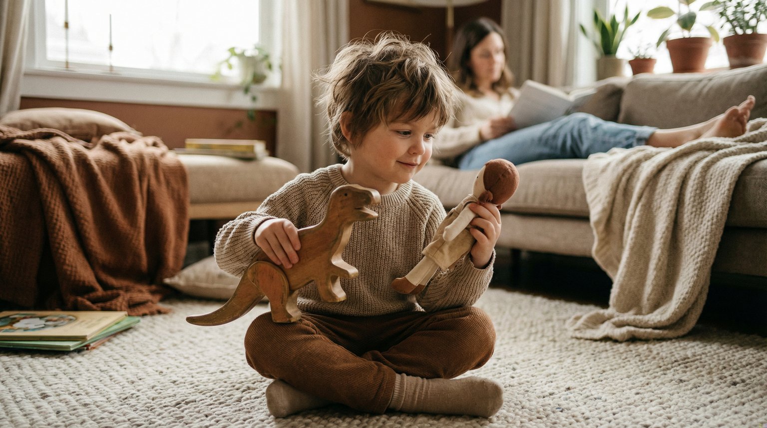 Young child sitting on rug thoughtfully examining two toys while deciding which to keep