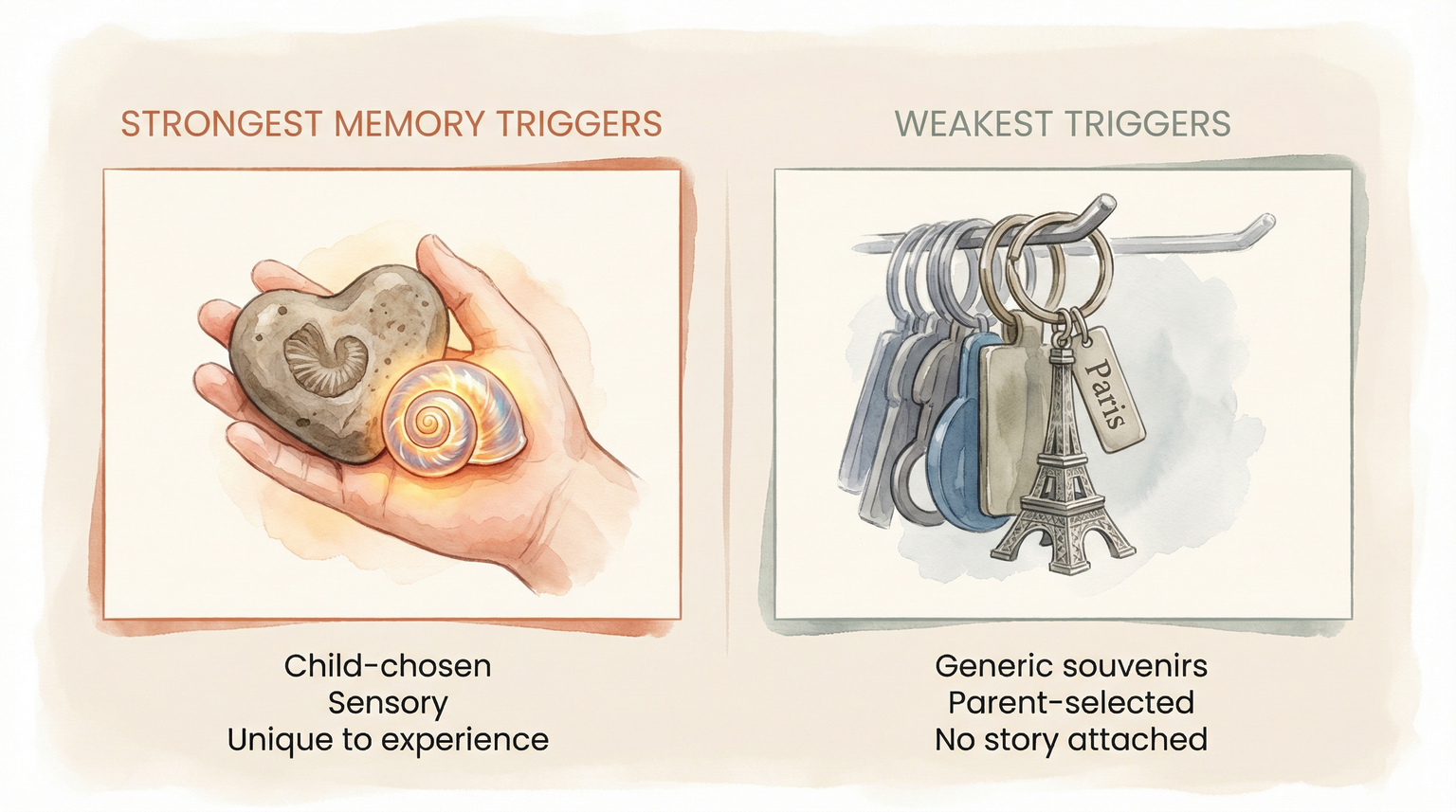 Comparison of strongest memory triggers like child-chosen sensory items versus weakest triggers like generic souvenirs