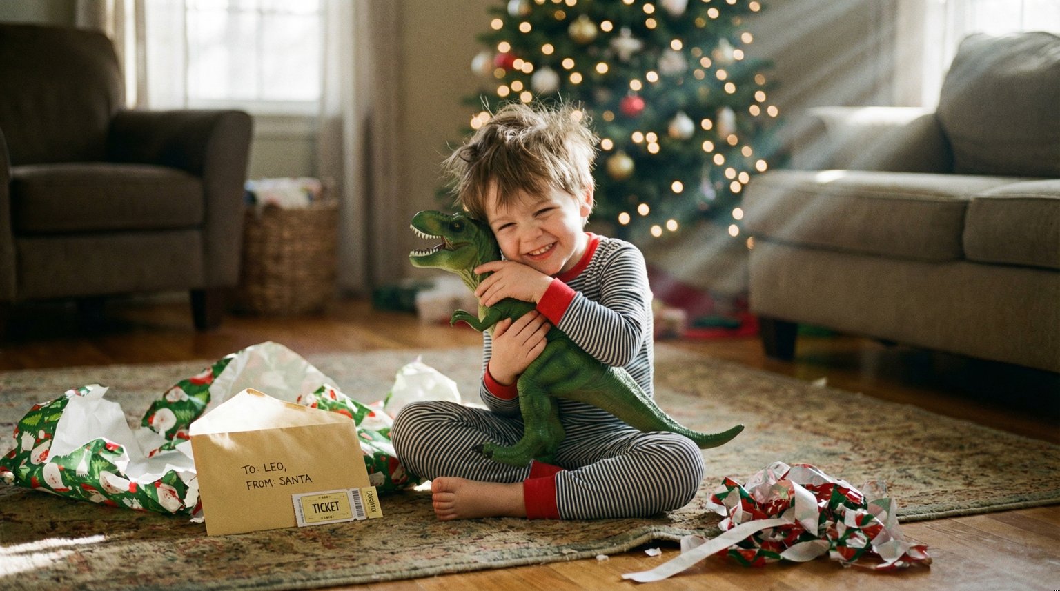 4-year-old hugging plastic dinosaur on Christmas morning while ignored envelope with tickets sits nearby