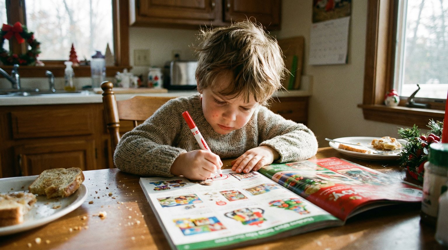 Young child focused intently while circling items in colorful holiday gift catalog with red marker at sunny kitchen table