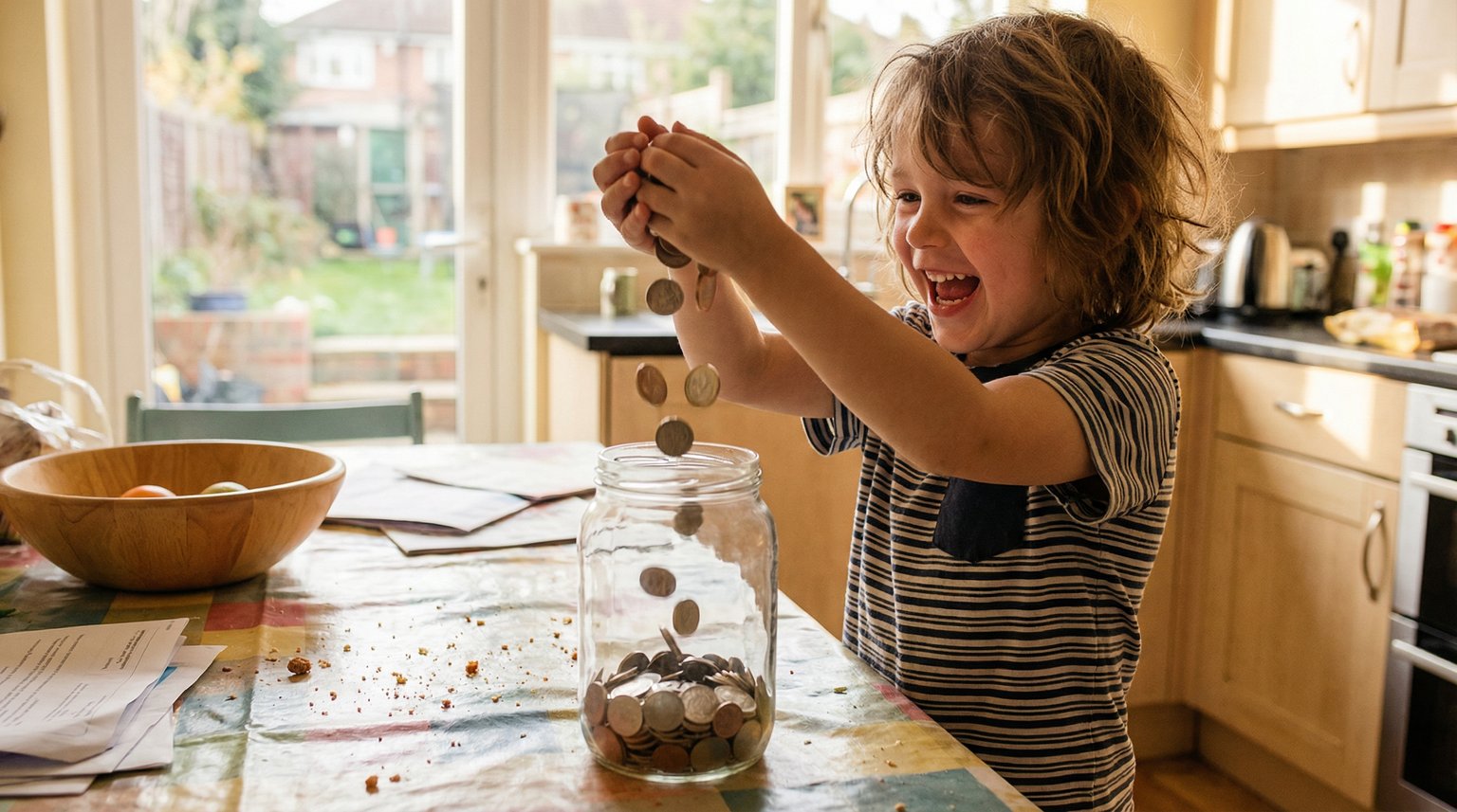 Young child excitedly putting coins into clear jar with expression of pride and joy