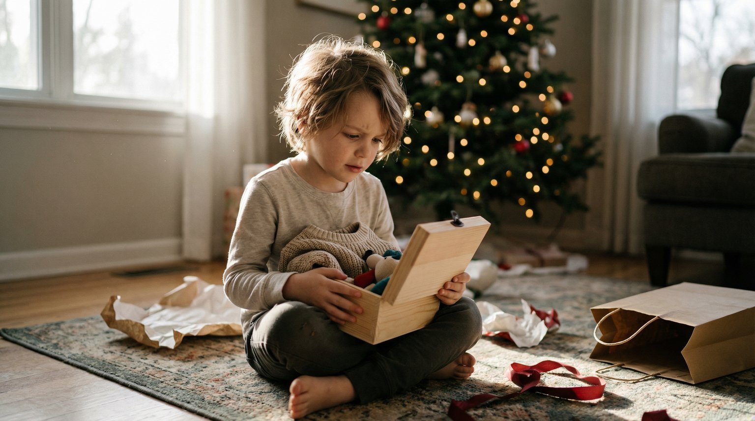 Young child sitting on living room floor holding unwrapped gift with uncertain mixed feelings expression
