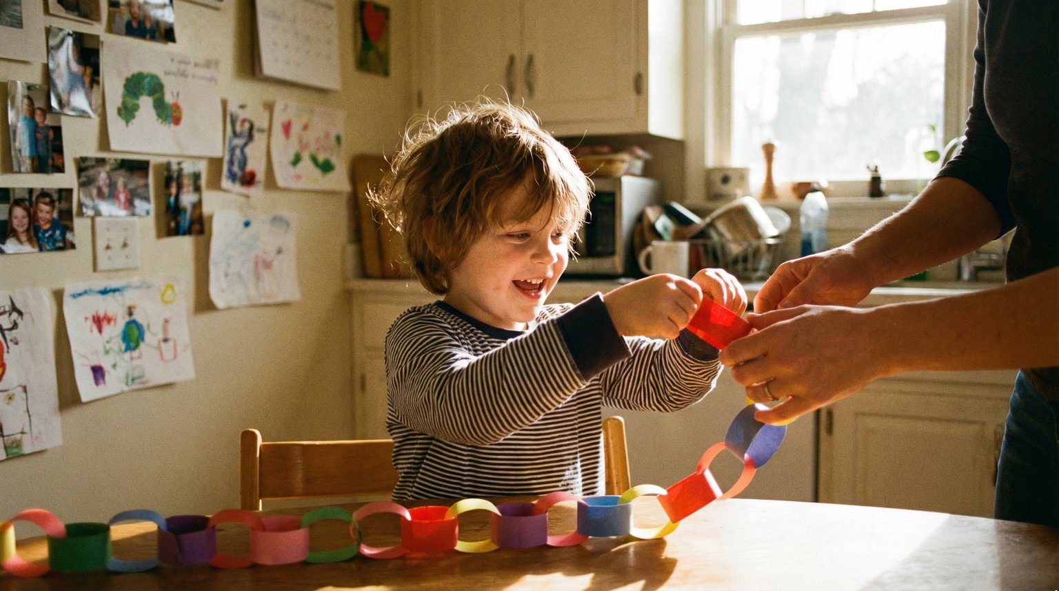 Young child excitedly removing paper chain link from handmade countdown chain on kitchen wall