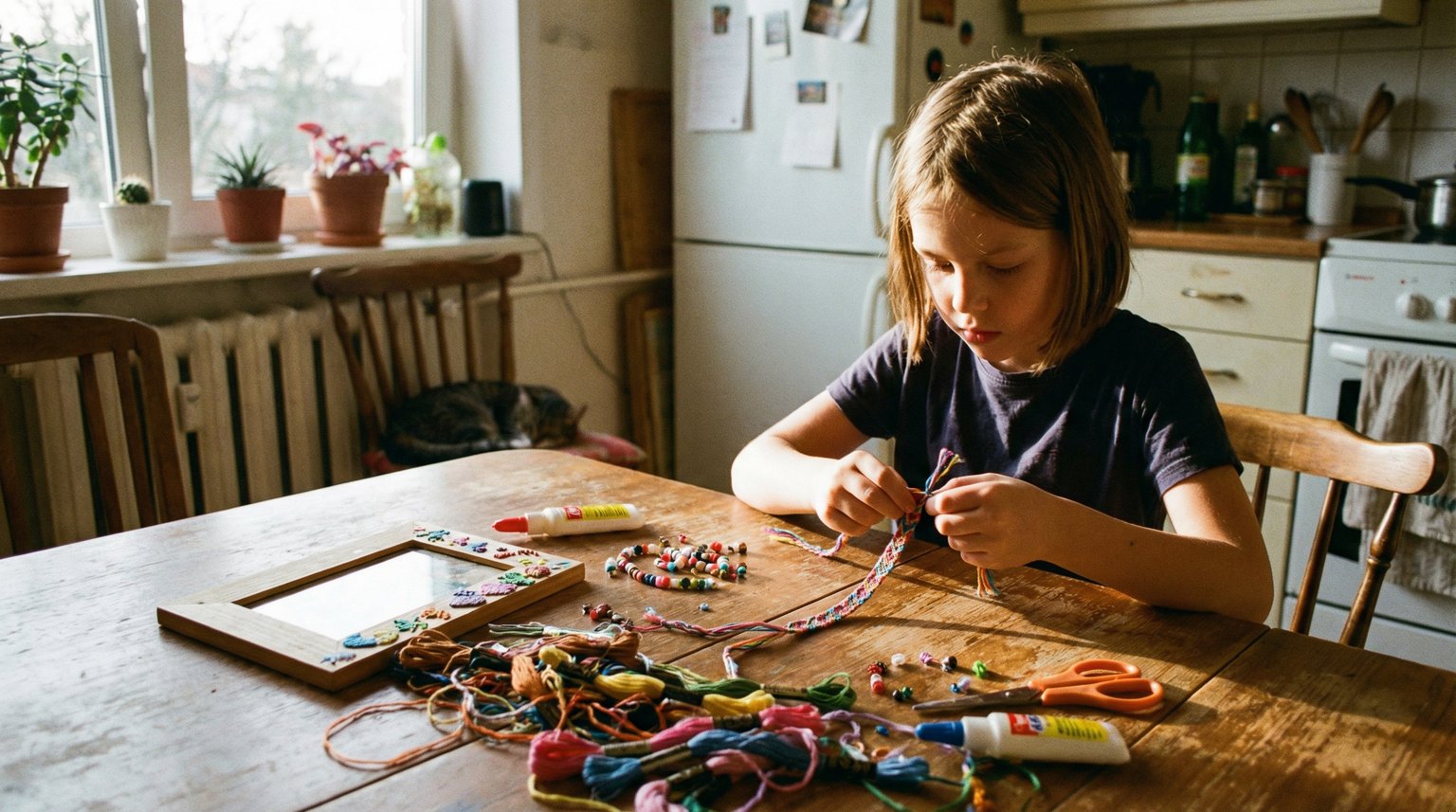 Child's hands working on friendship bracelet craft at wooden kitchen table with scattered supplies