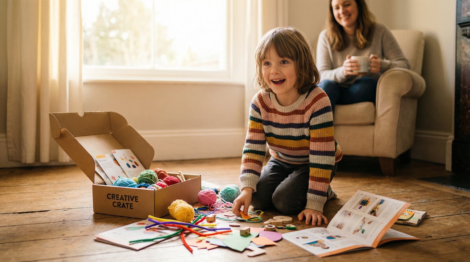 Child excitedly opening craft subscription box with colorful supplies spilling out on living room floor