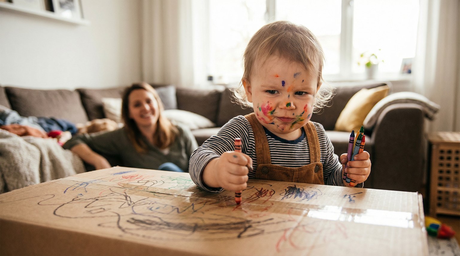 Toddler with proud expression decorating cardboard box with crayons while parent watches